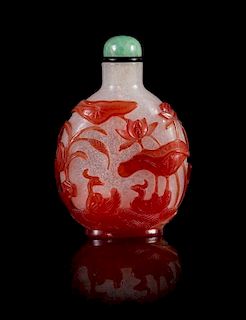 A Red Overlay Snowflake Ground Peking Glass Snuff Bottle Height 2 3/4 inches.