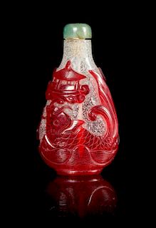 A Red Overlay Snowflake Ground Snuff Bottle Height 3 inches.
