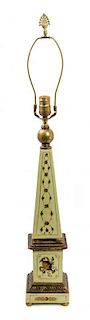 A Painted and Gilt Ceramic Obelisk-Form Table Lamp Height 32 x width 5 1/4 x depth 5 1/4 inches.