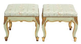 A Pair of Italian Parcel Gilt Upholstered Tabourets Height 17 1/2 x width 19 1/4 x depth 19 1/4 inches.