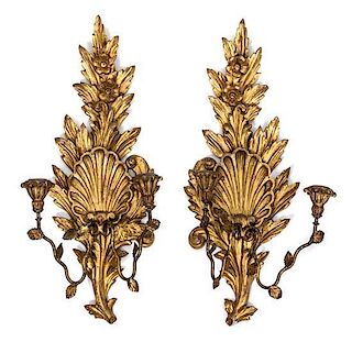 A Pair of Italian Carved Giltwood Two-Light Wall Sconces Height 23 inches.