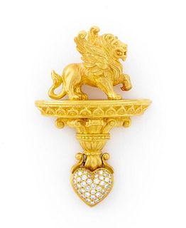 18K Yellow Gold Diamond Mythical Lion Pin