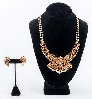 Indian Jadau 18K Ruby Sapphire & Pearl Jewelry Set