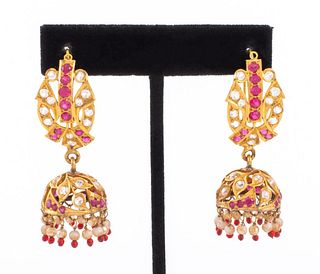 Indian Gold Ruby Sapphire Pearl Jadau Earrings