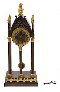 French Bronze and Ormolu Mounted Gothic Cathedral Clock Height 19 1/2 inches.
