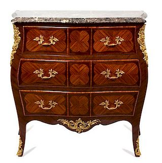 A Louis XV Style Gilt Bronze Mounted Bombe Marble Top Commode Height 36 x width 34 x depth 19 inches.