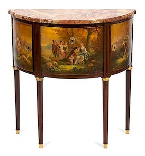A Louis XV Style Vernis Martin Decorated Demilune Cabinet Height 20 x width 28 x depth 13 inches.