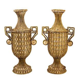A Pair of Louis XV Style Wire, Cut and Beaded Glass Covered Urns Height 26 1/2 inches.