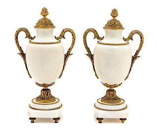 A Pair of Gilt Bronze and White Marble Cassolettes Height 13 x width 7 x depth 4 1/2 inches.