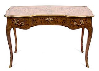 A Louis XV Style Parquetry Inlaid Gilt Bronze Mounted Bureau Plat Height 29 3/4 x width 46 x depth 23 inches.