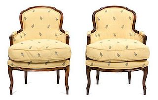 A Pair of Louis XV Style Mahogany Bergeres Height 34 x width 25 x depth 24 inches.