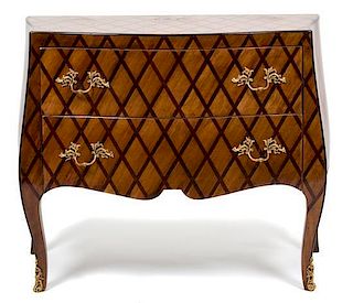 A Louis XV Style Parquetry Inlaid Bombe Commode Height 29 x width 33 1/2 x depth 15 1/2 inches.