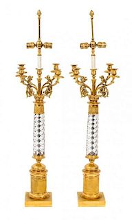 A Pair of Louis XVI Style Five-Light Gilt Bronze and Swirled Glass Candelabra Height 38 inches.