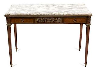 A Louis XVI Style Marble Top Parquetry Inlaid Bureau Plat Height 29 3/4 x width 43 3/4 x depth 26 1/2 inches.