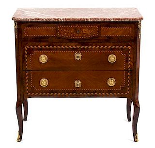 A Louis XVI Style Marquetry Gilt Metal Mounted Commode with Red Marble Top Height 34 x width 33 1/2 x depth 16 inches.