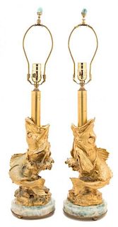 A Pair of Gilt Bronze Fish-Form Table Lamps by Thiebaut Freres, Paris Height 28 1/2 x diameter 6 1/4 inches.