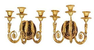 A Pair of Louis XVI Style Plaster Gilt Three-Light Wall Sconces Height 10 1/2 inches.