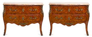 A Pair of Louis XVI Style Marquetry Bombe Commodes Height 35 x width 45 x depth 20 inches.