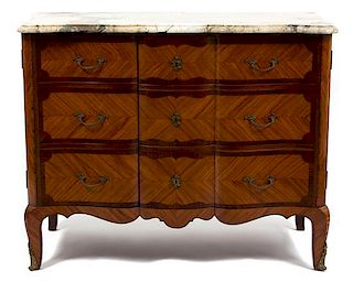 A Louis XVI Style Marble Top Inlaid Mahogany Serpentine Cabinet Height 34 1/4 x width 42 x depth 20 inches.