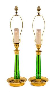 A Pair of French Empire Style Gilt Bronze Mounted Green Glass Candlesticks Height overall 22 1/2 inches.