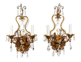 A Pair of Gilt Metal Two-Light Wall Sconces Height 15 3/4 inches.