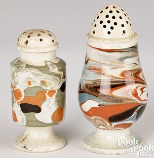 Two mocha marbleized pepper pots, 19th c.