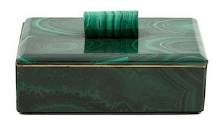 A Malachite Covered Box Height 2 1/2 x width 5 1/4 x depth 3 5/8 inches.