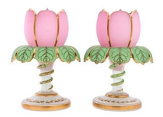A Pair of French Opaline Glass Floral-Form Urns Height 9 inches.