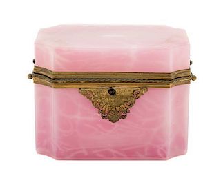 A French Gilt Metal Mounted Opaline Glass Covered Box Height 4 3/4 x width 4 1/8 x depth 6 1/8 inches.
