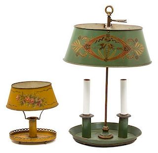 A Green and Gilt Decorated Tole Bouillotte Two-Light Lamp Height 19 x width 10 x depth 6 1/2 inches.