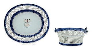 An English Lowestoft Porcelain Reticular Basket with Undertray Length of tray 9 3/8 inches.