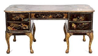 A George II Style Polychromed Lacquer and Gilt Decorated Desk Height 30 1/2 x width 63 x depth 31 1/2 inches.