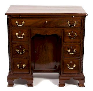A George III Carved Mahogany Kneehole Desk Height 33 x width 34 x depth 19 inches.