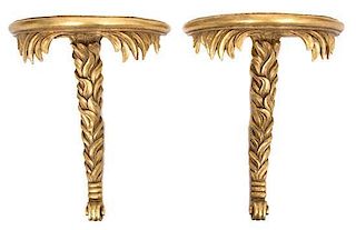 A Pair of Giltwood Wall Brackets Height 20 1/4 x width 16 x depth 8 inches.