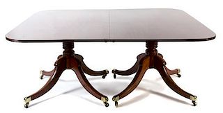 A George III Style Mahogany Two-Pedestal Dining Table Height 29 x length with leaves 104 x depth 55 1/2 inches.