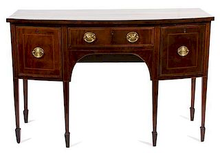 A George III Style Inlaid Mahogany Bow Front Side Board Height 35 x width 54 x depth 23 1/2 inches.