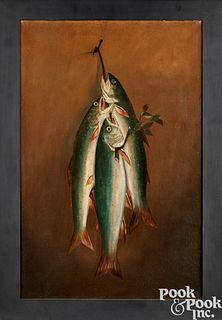 Oil on canvas still life of trout, 19th c.