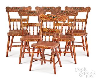 Set of six painted half spindle plank seat chairs