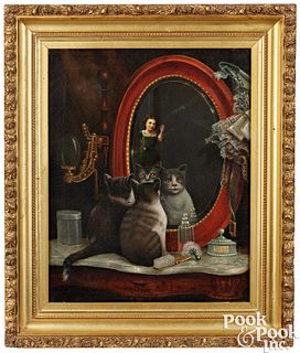 American Victorian oil on canvas interior of cats