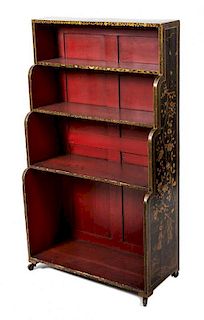 A Regency Chinoiserie Decorated Waterfall Bookcase Height 47 1/2 x width 37 x depth 11 3/4 inches.