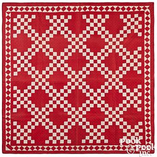 Red and white Irish Chain patchwork quilt