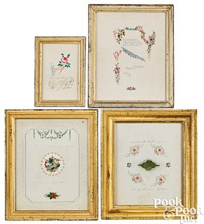 Four ink and watercolor embossed paper valentines
