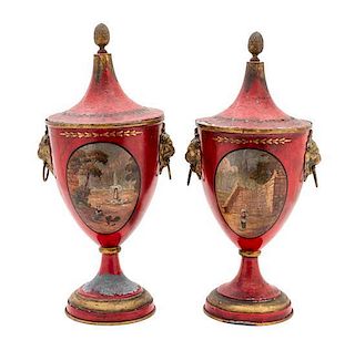 A Pair of Regency Painted Lead Covered Urns Height 15 1/2 inches.