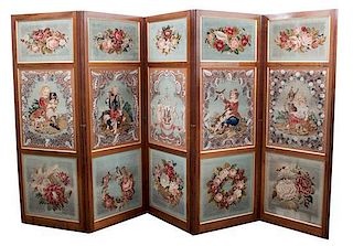 A Victorian Mahogany and Needlepoint Five-Panel Floor Screen Height 76 x width of each panel 28 1/4 inches.