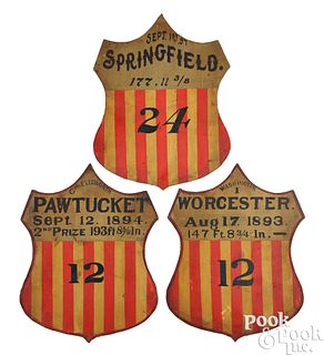 Three New England painted fireman award shields
