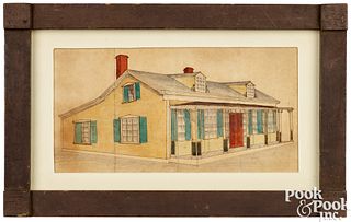 Ink and watercolor house portrait, 19th c.