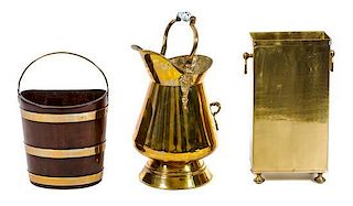 A Group of Three Brass and Wood Containers Largest height 25 x diameter 13 inches.