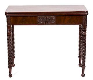 An American Empire Mahogany Flip Top Table Height 30 x width 36 x depth 15 1/2 inches.