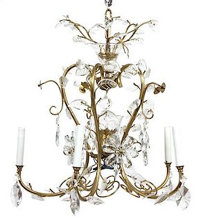 A Contemporary Gilt Metal and Foliate Shaped Glass Five-Light Chandelier Heigh 22 x diameter 20 inches.