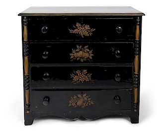 An American Black and Gilt Decorated Chest of Four Drawers Height 35 1/2 x width 38 x depth 17 1/4 inches.